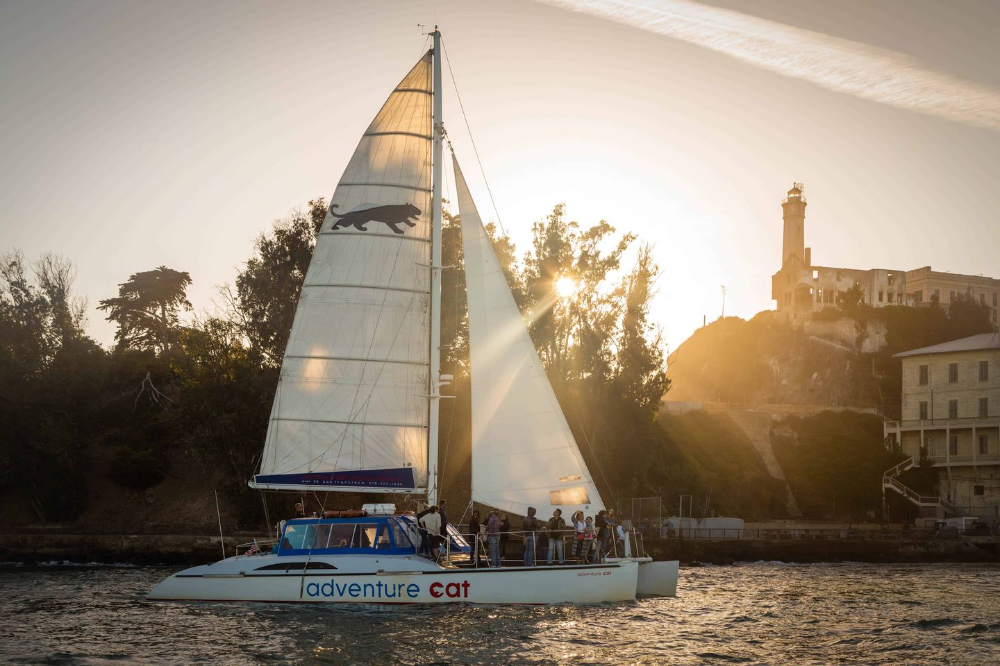 Boat at sunset near Alcatraz