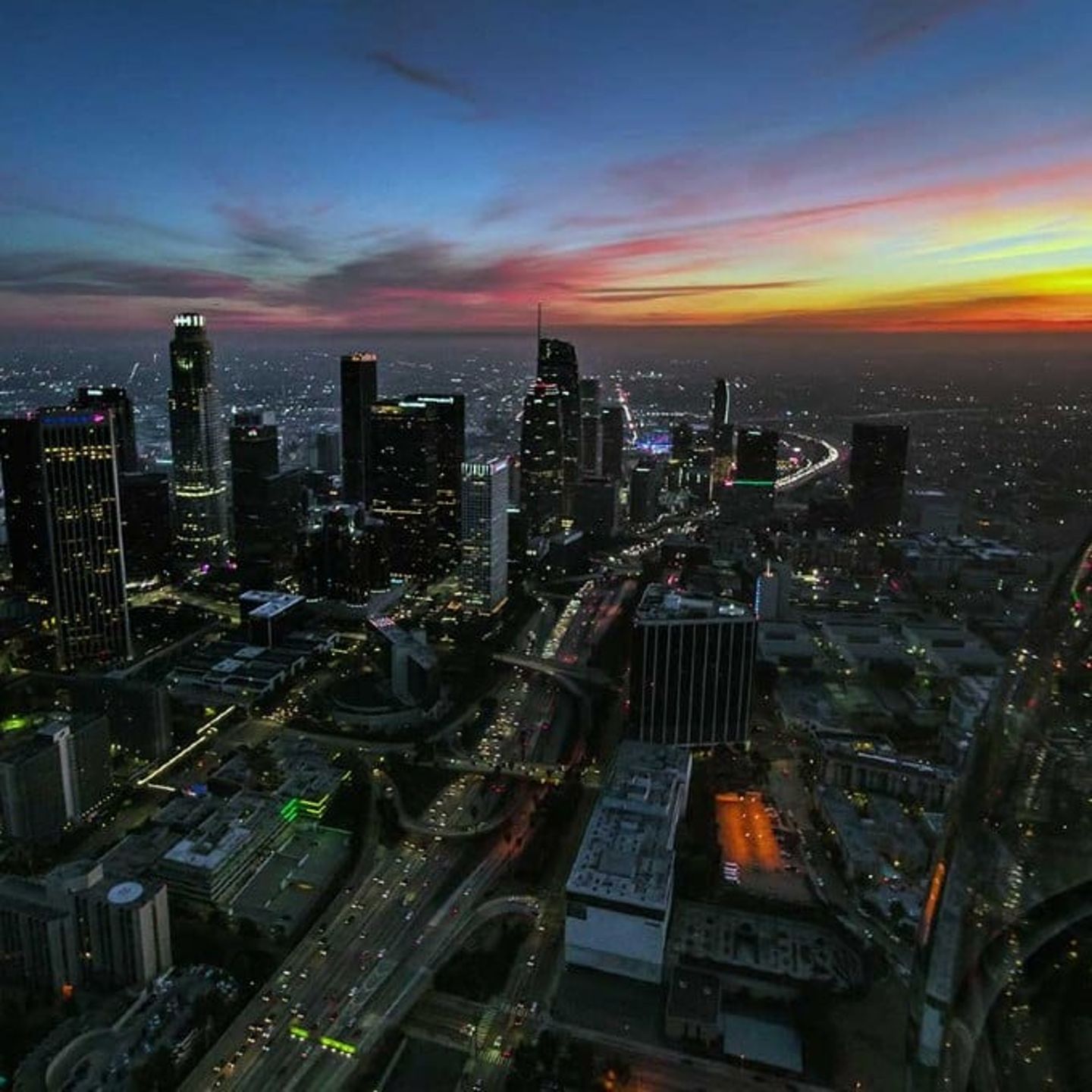 Downtown Lights from Sky View at Sunset