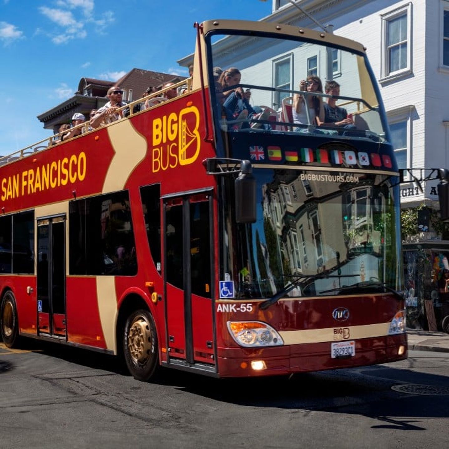 Bus driving down street
