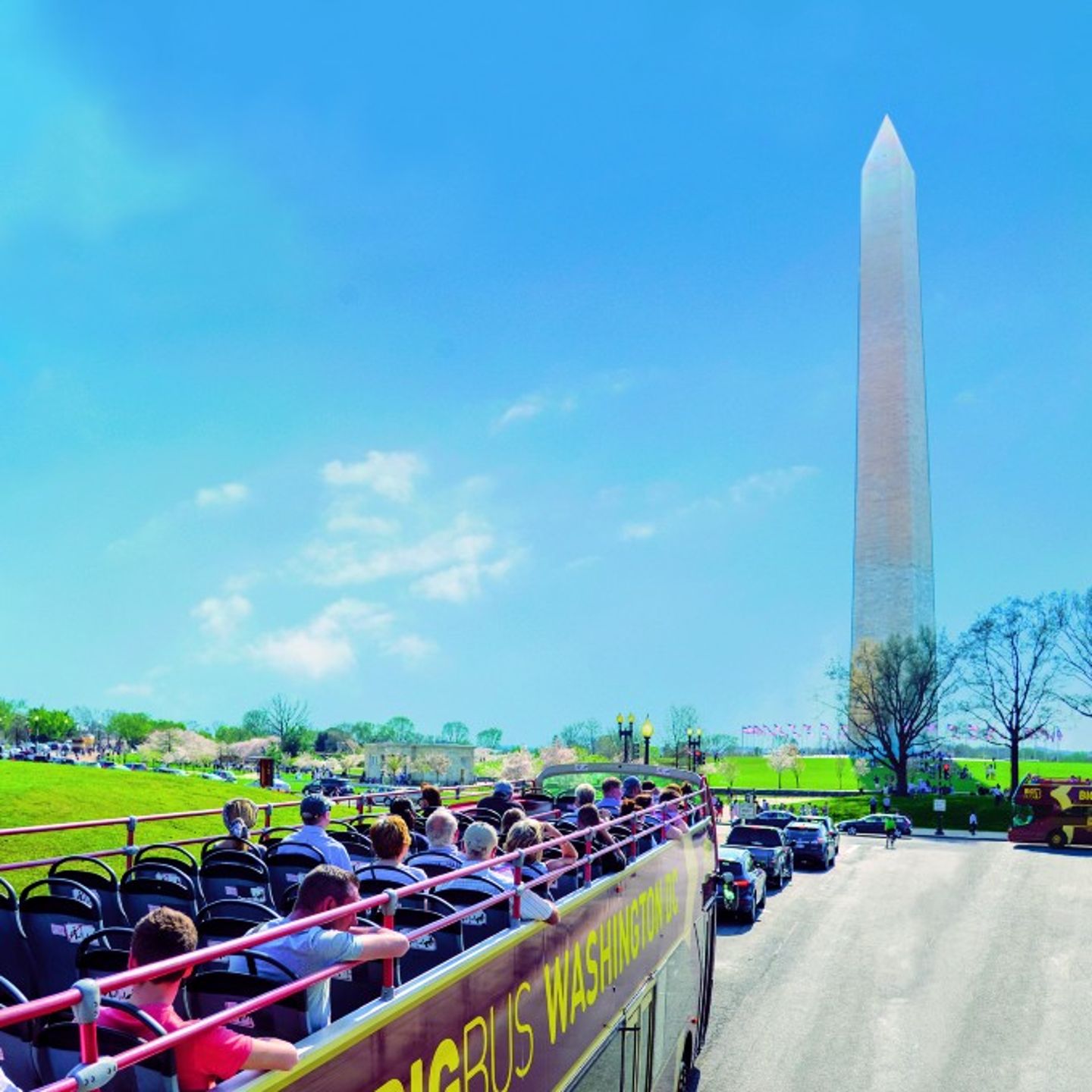 Bus in front of monument