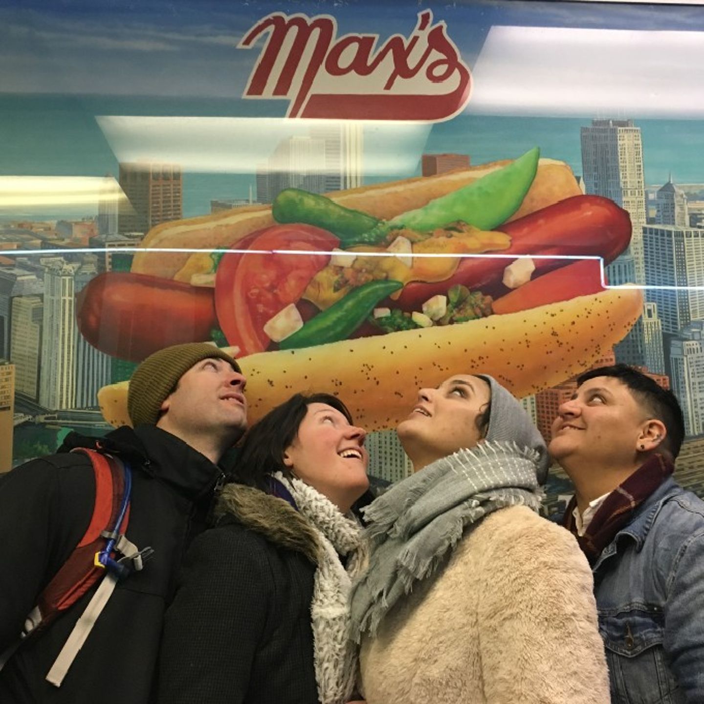Group at hot dog spot