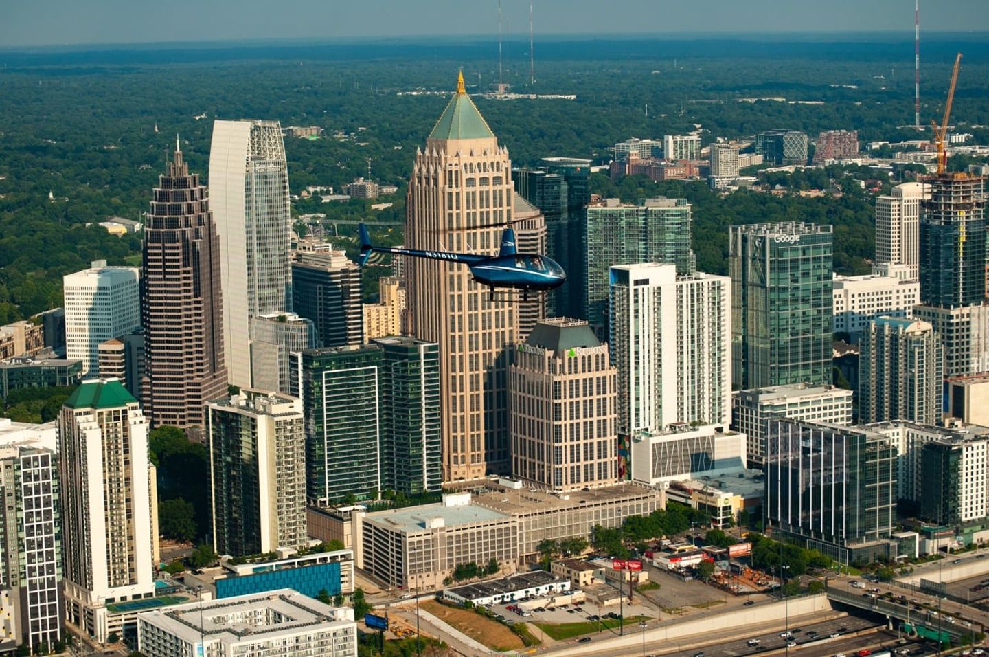 Helicopter over city