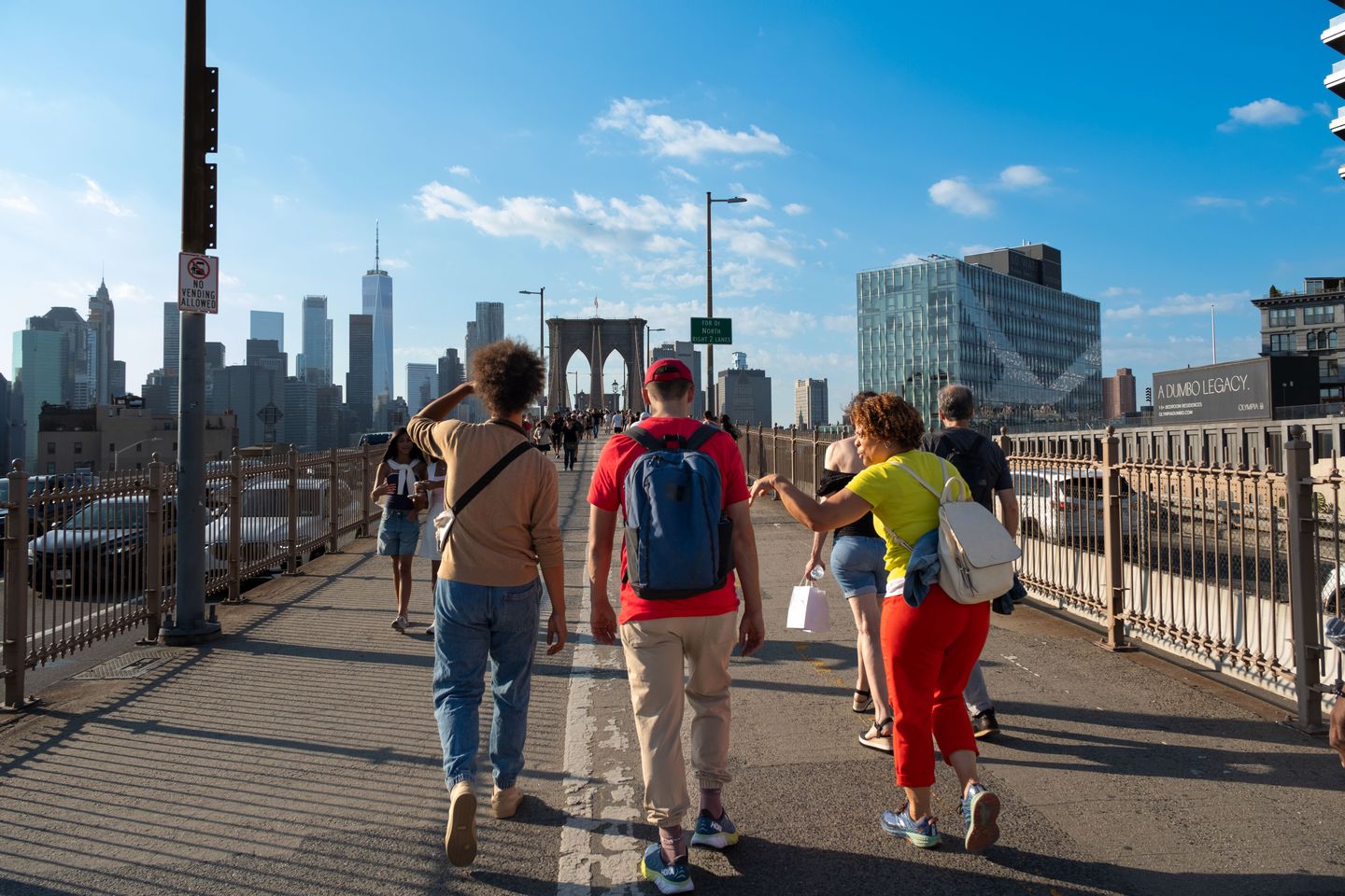Group walking on bridge