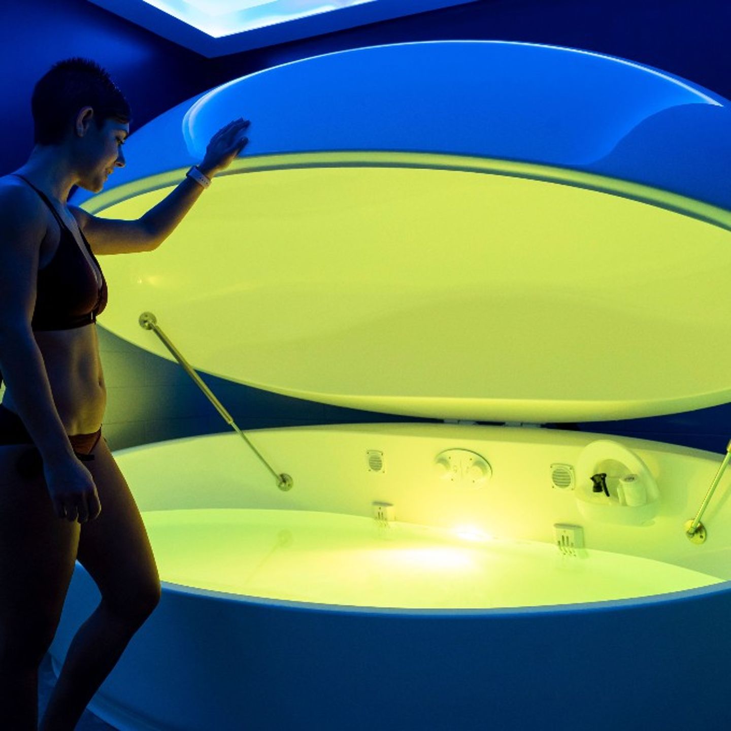 Woman looking at float tank