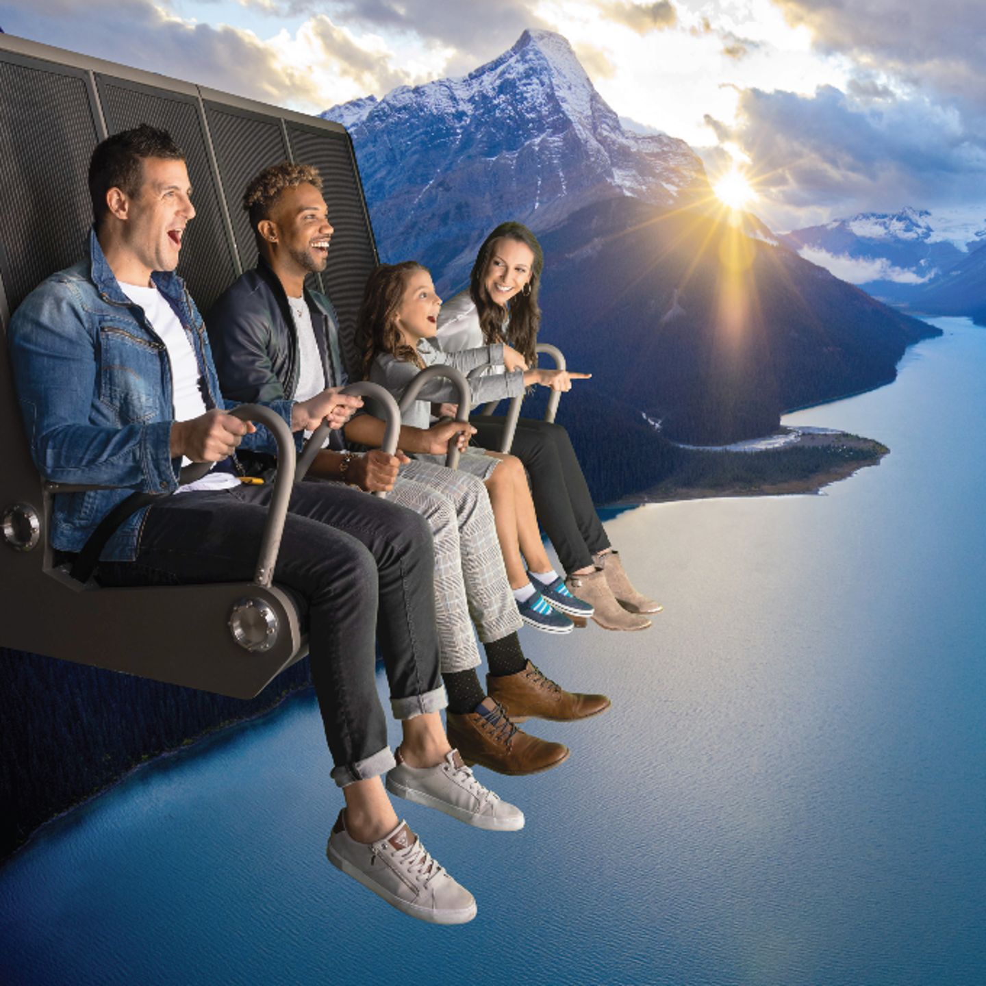 Group flying over mountains