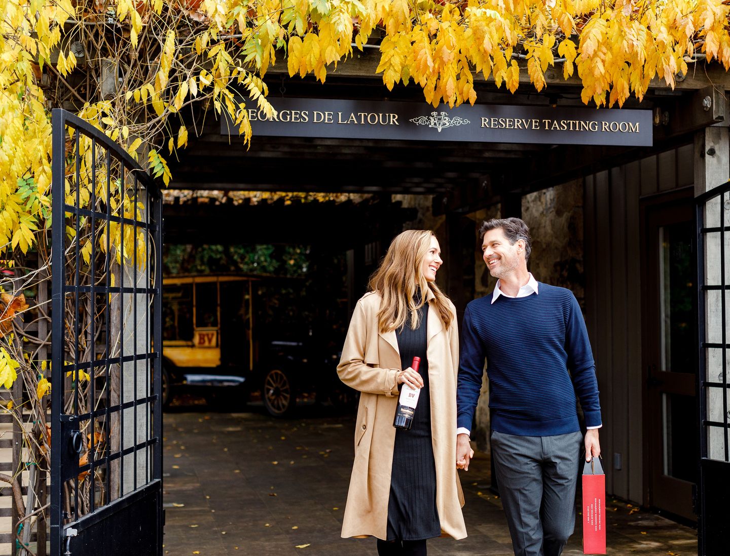 Couple walking out of tasting room