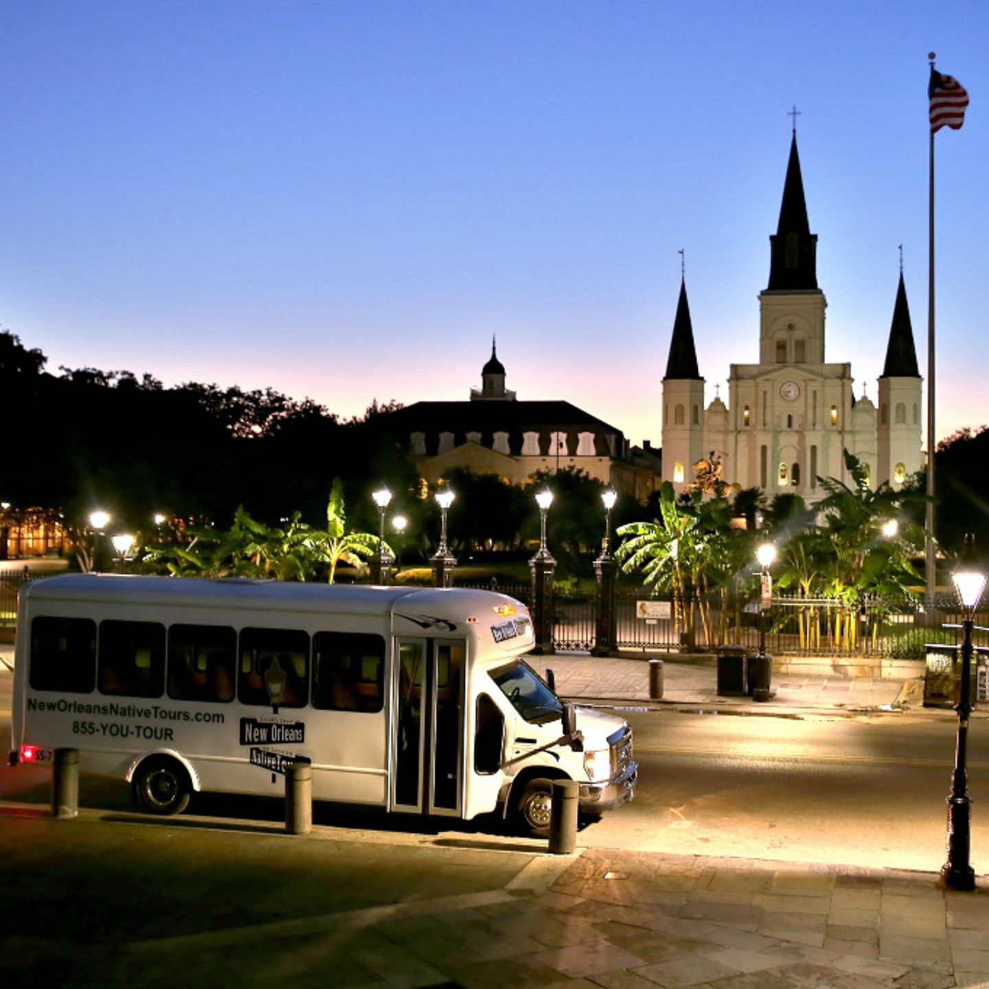 Bus next to historic building