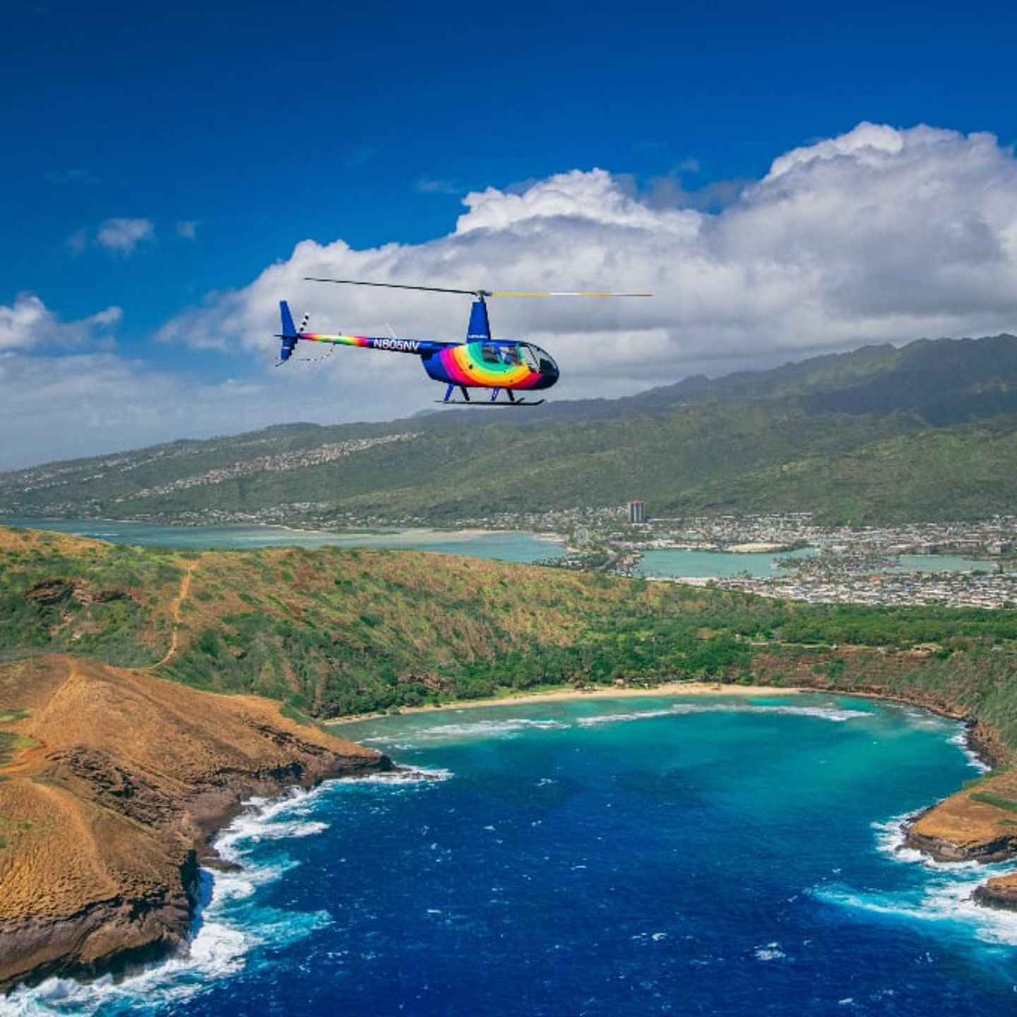 Helicopter over island