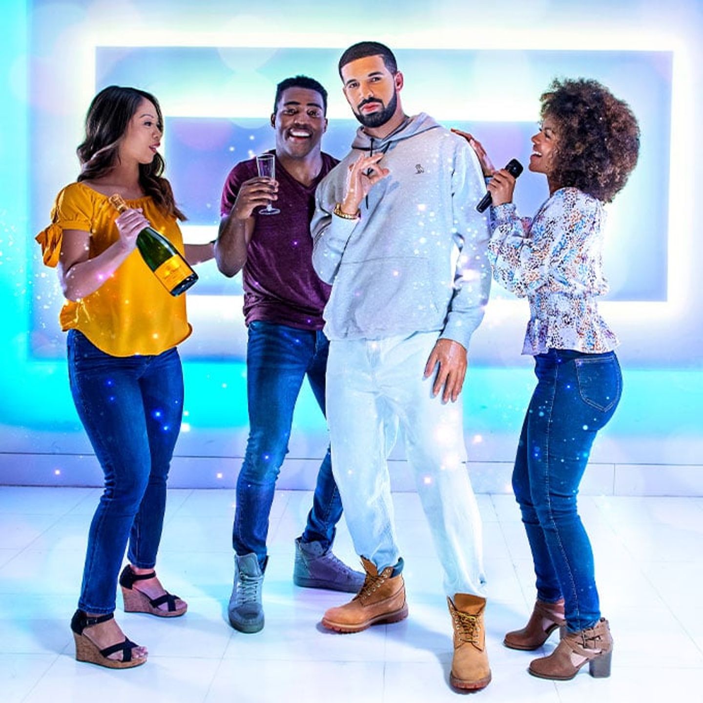 The images shown depict wax figures created and owned by Madame Tussauds.
