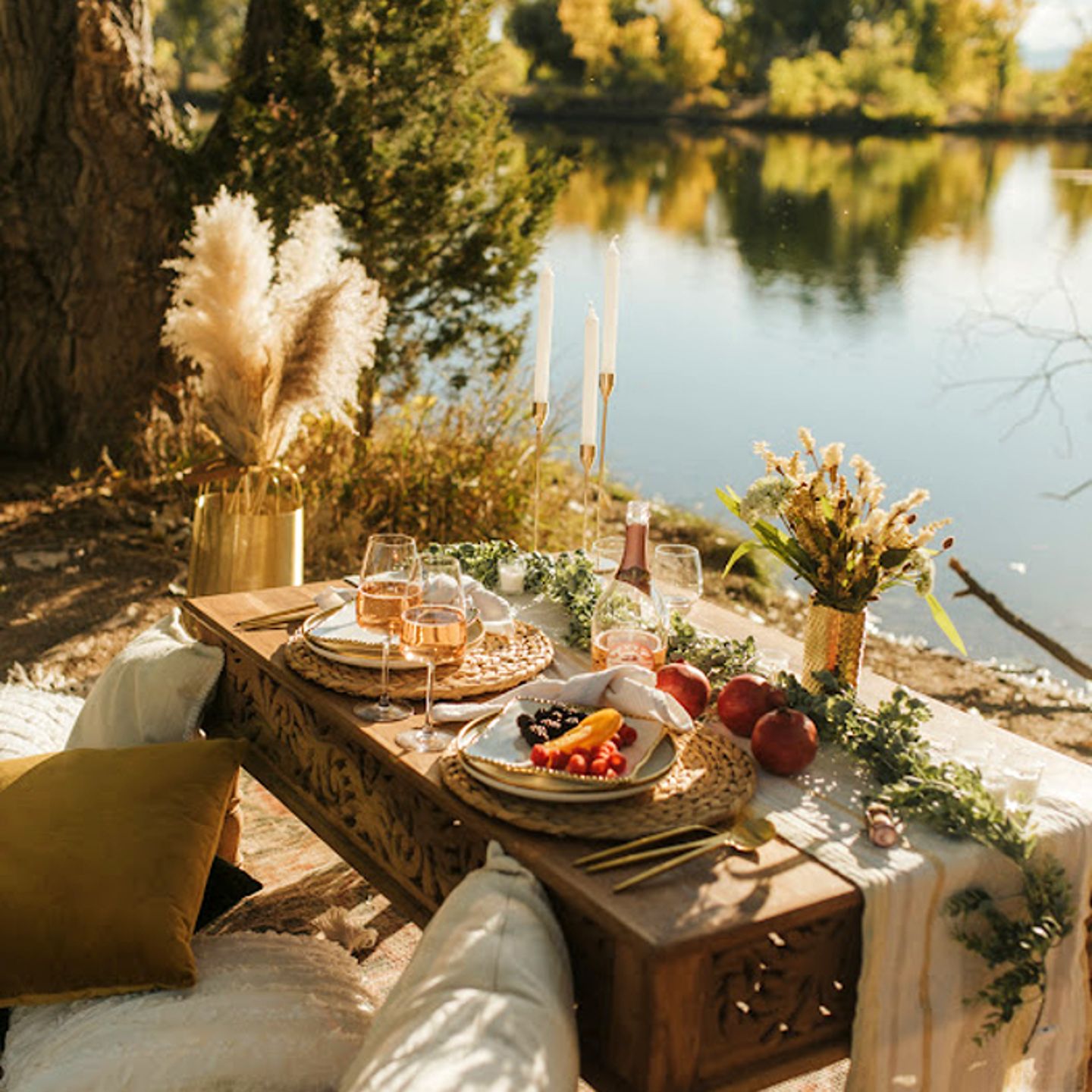 Picnic set-up by lake