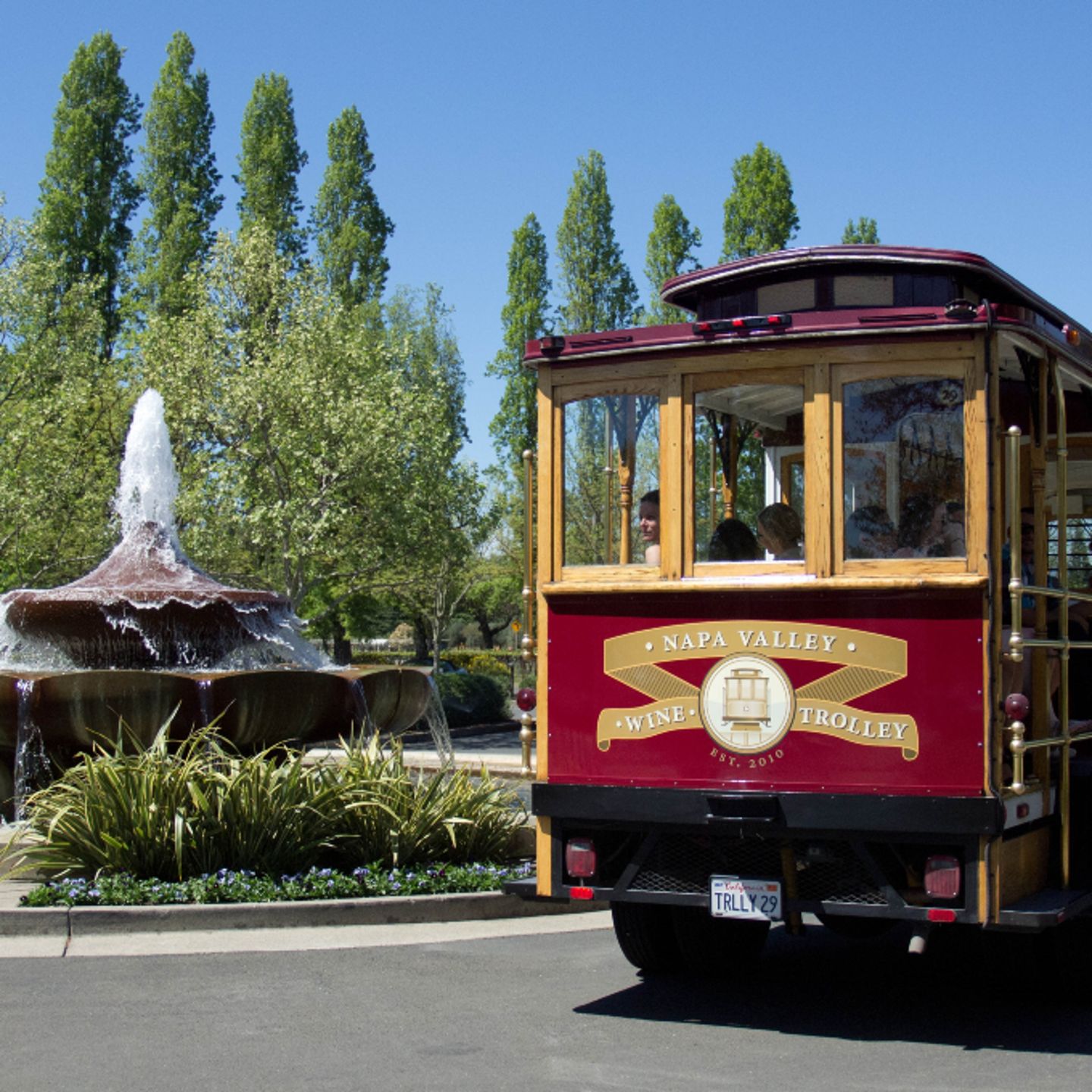 Trolley next to fountain