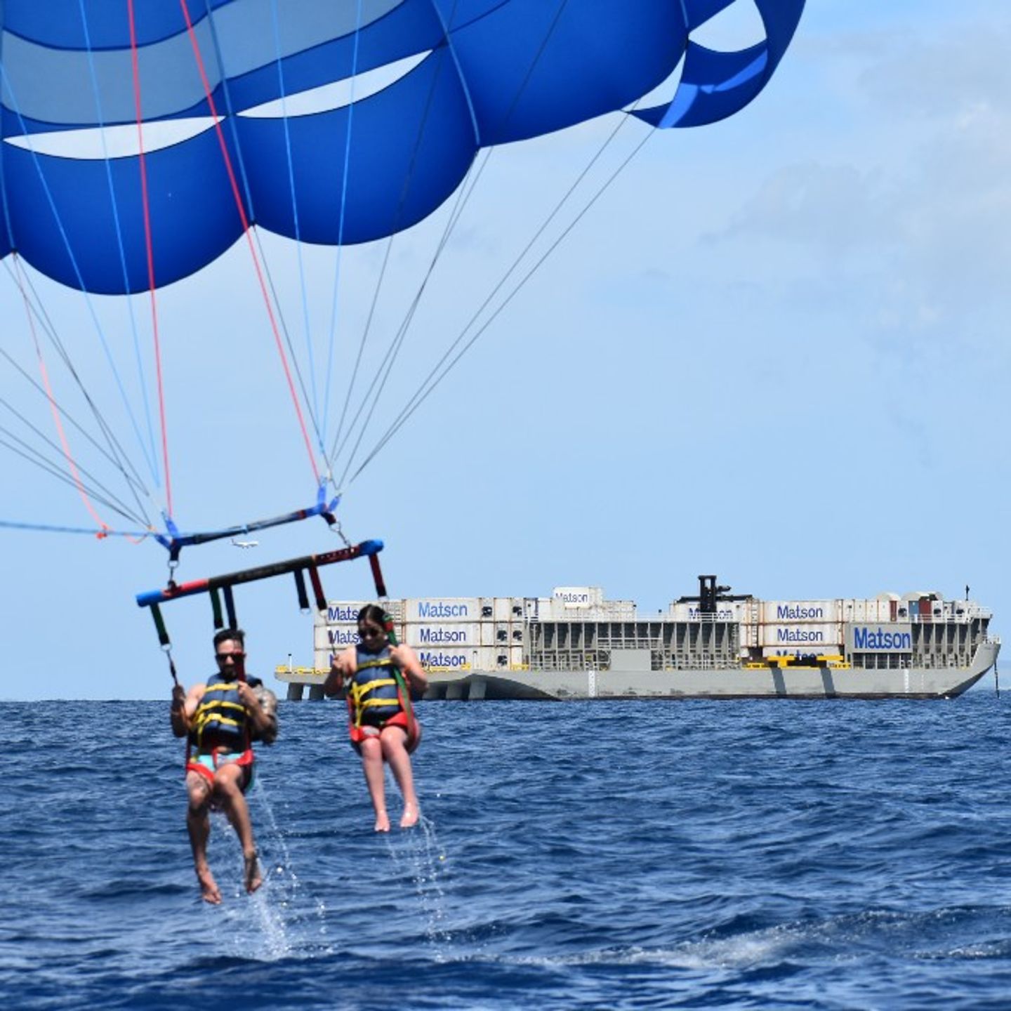 Two people parasailing