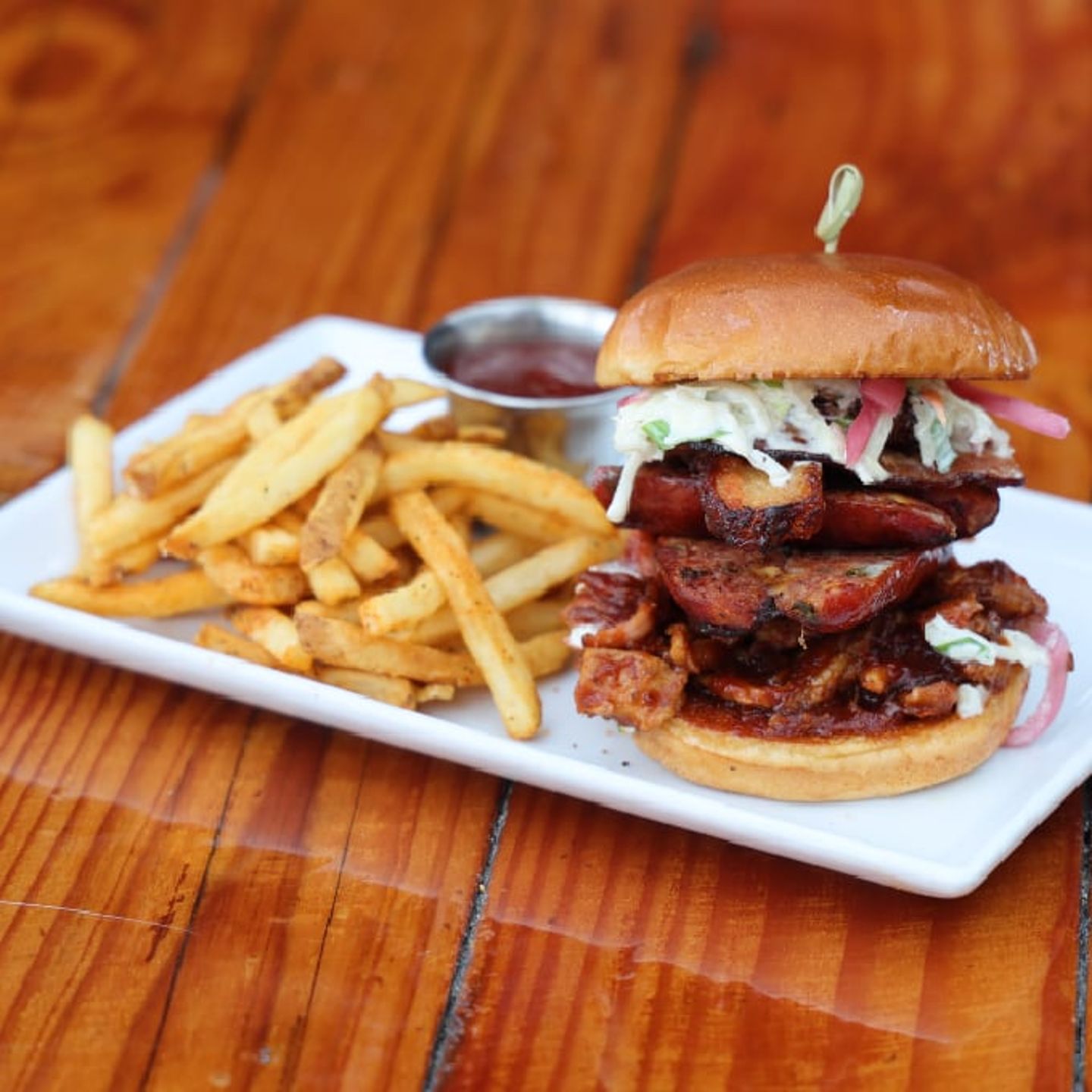 Stacked burger and fries