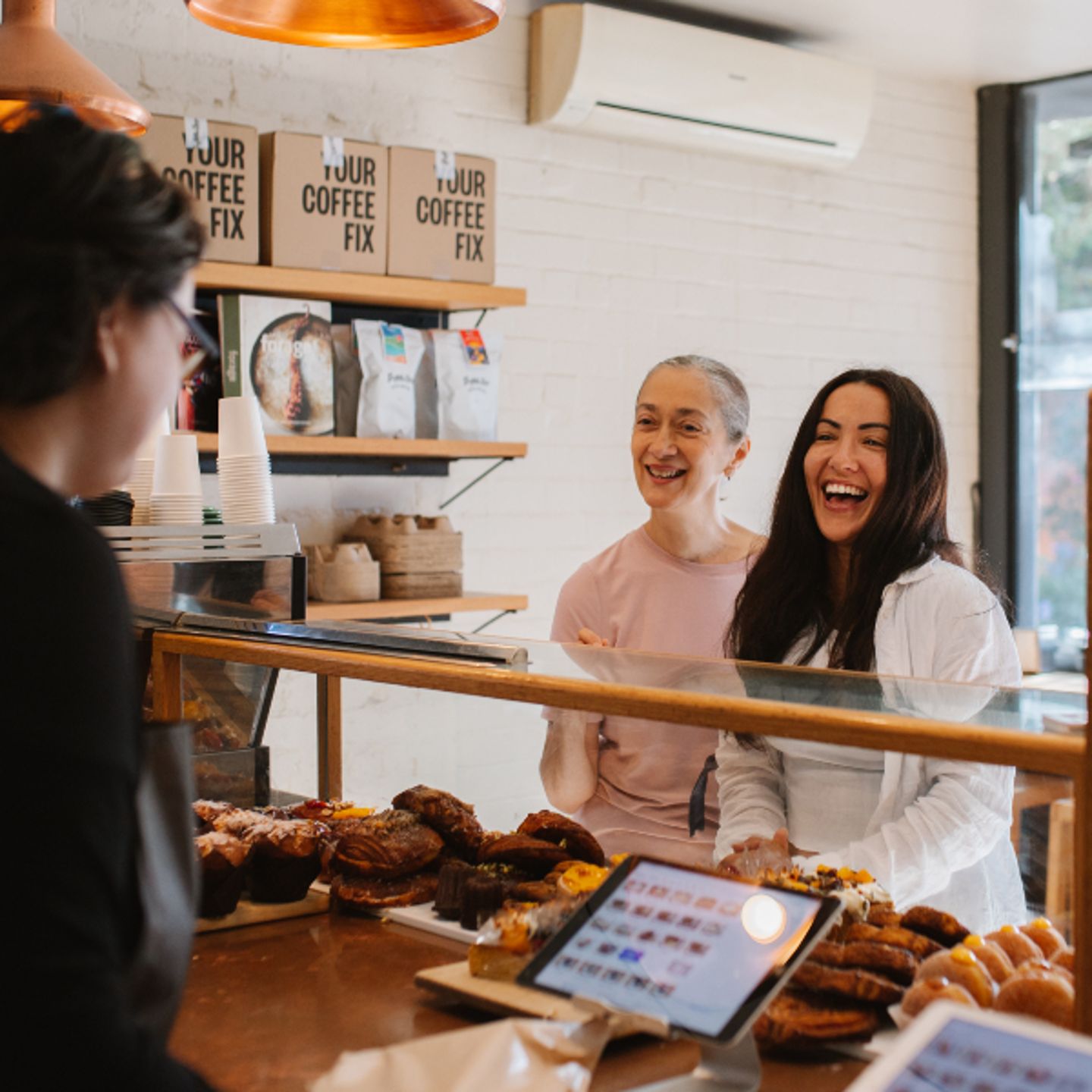 Women picking up food