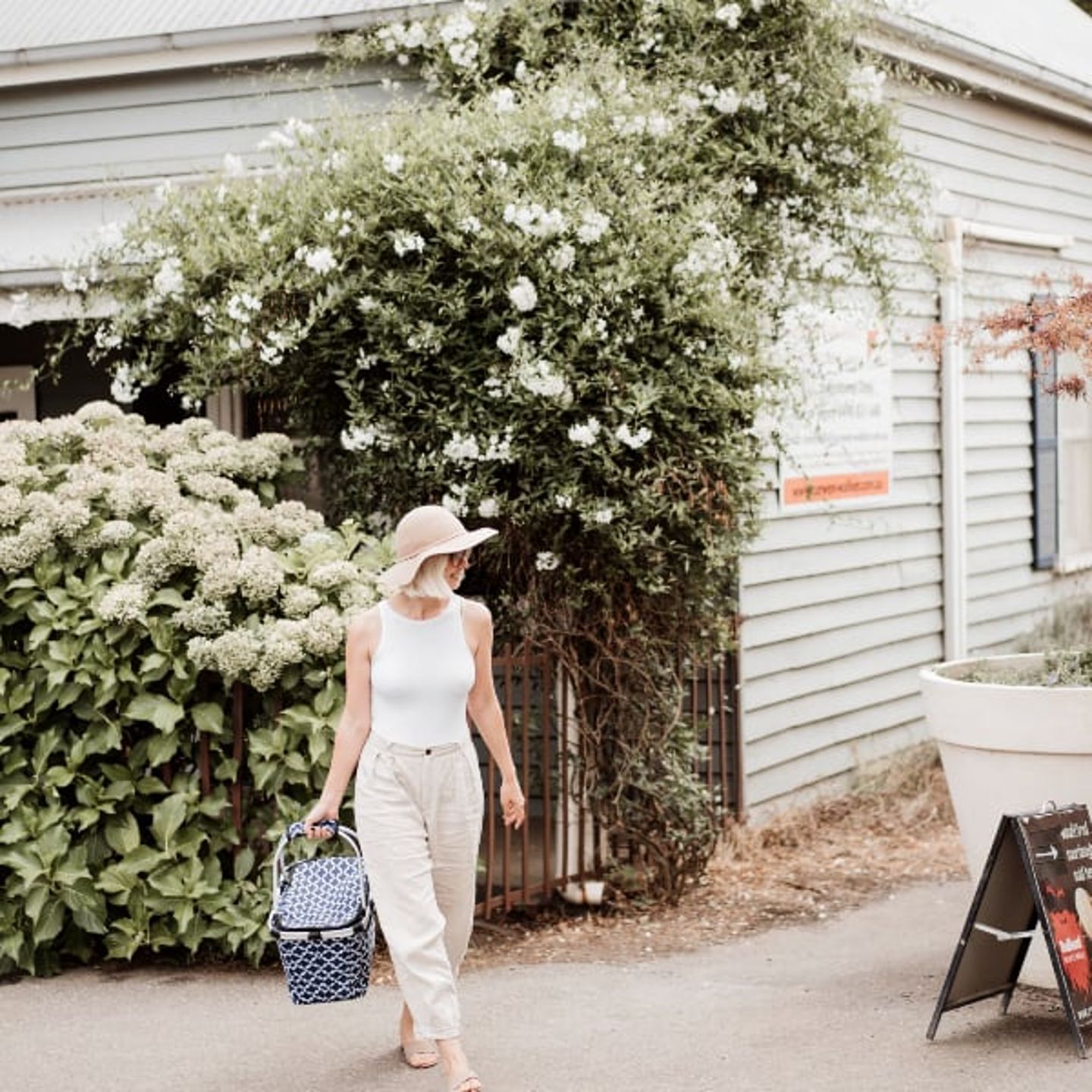 Woman walking with picnic basket