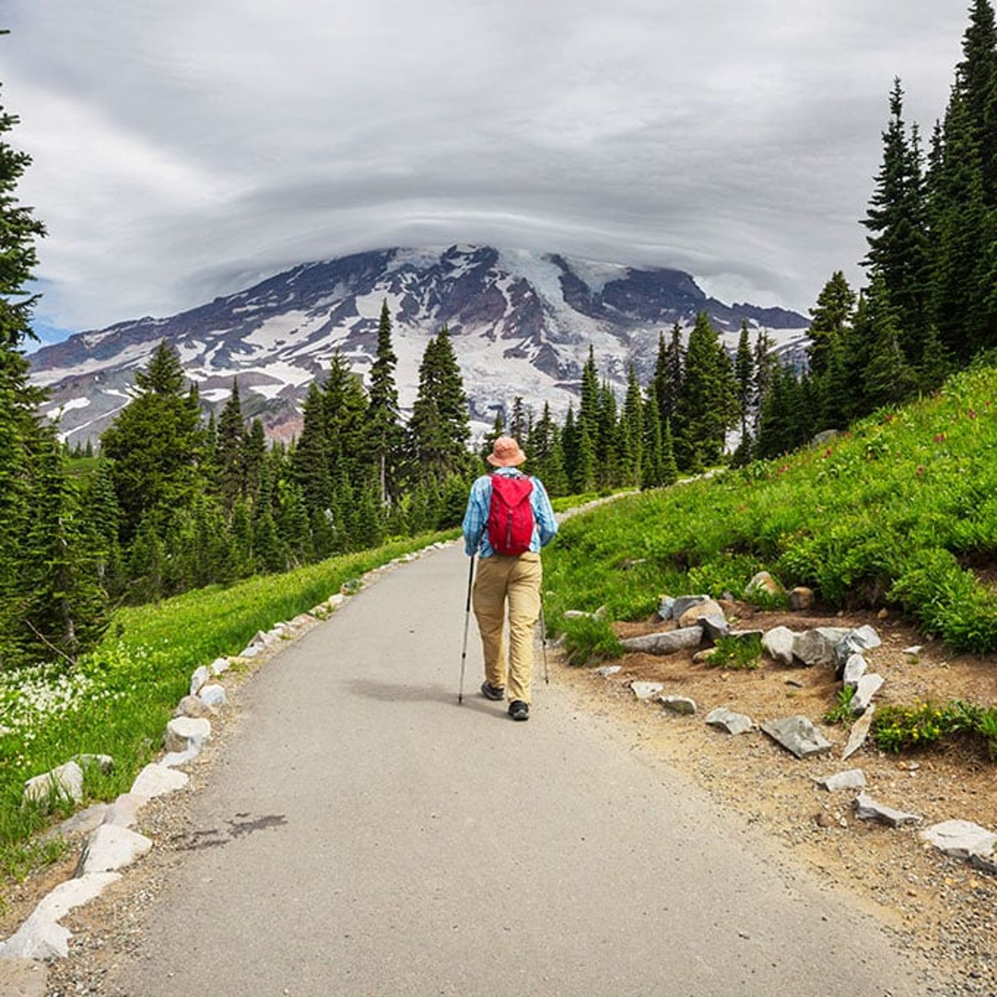 Man walking on path to Mt. Rainer