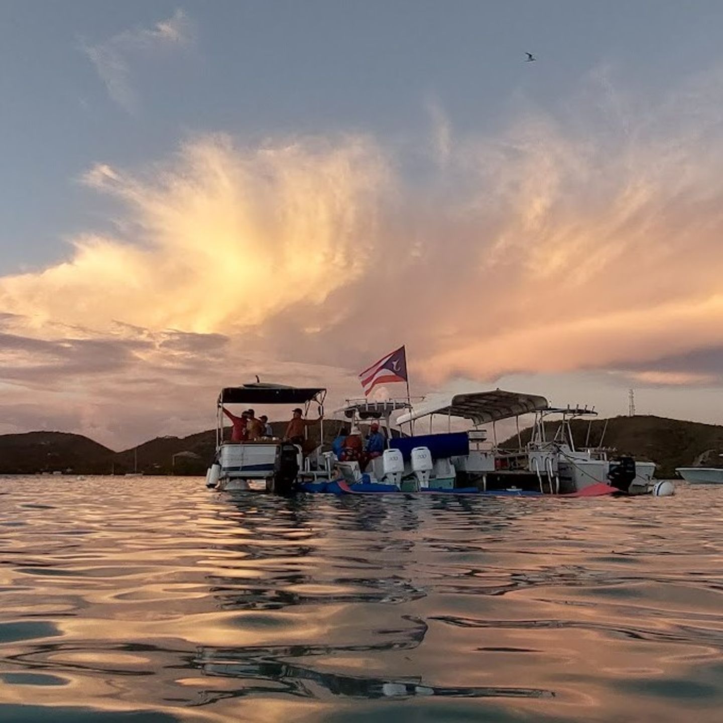 Boat at Sunset and Mountains