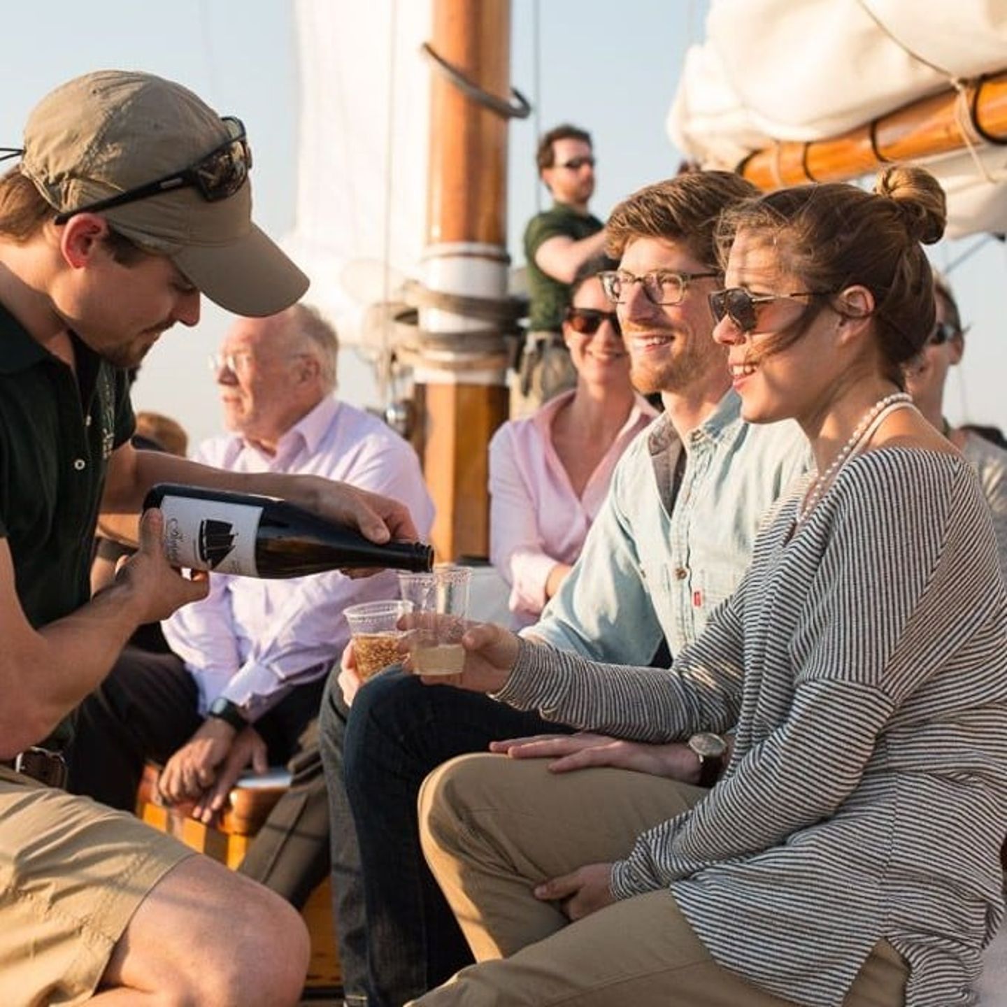 Couple enjoying wine on boat