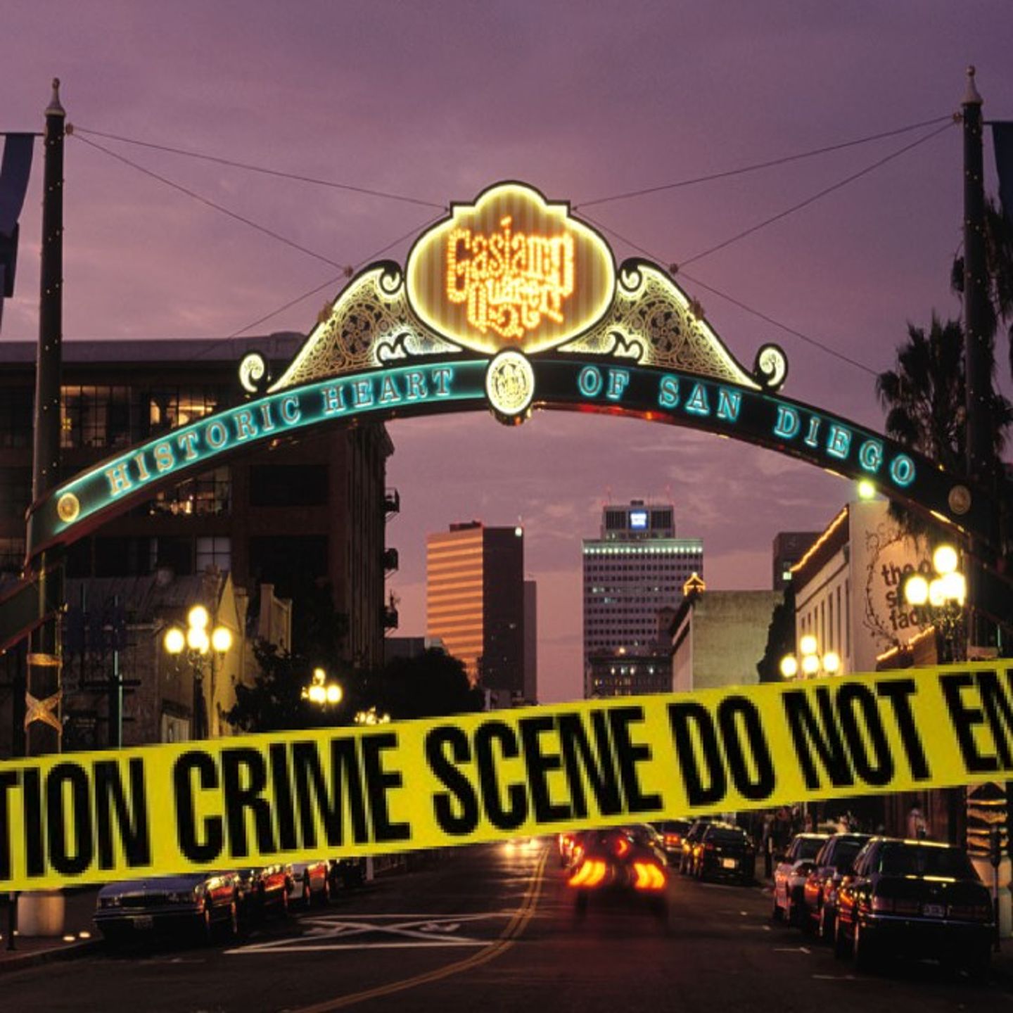 Lit up Sign with Caution Tape Across 