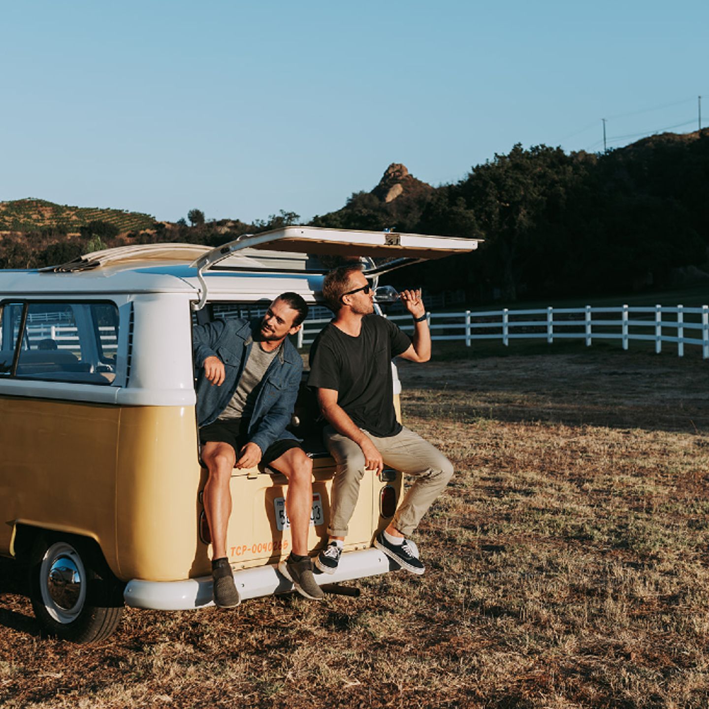 Two men with wine sitting on bus