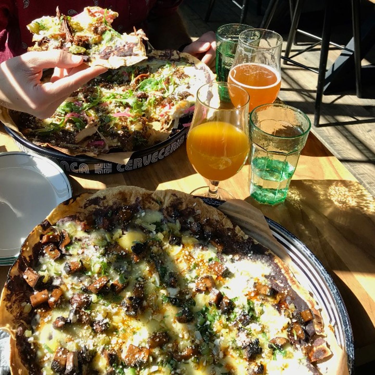 Pizza with drinks